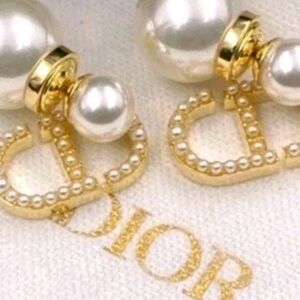 Dior Gold-Tone Pearl Logo Drop Earrings